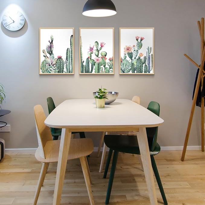 TTHYUEWS Wall Art For Living Room Wood Framed Wall Decor For Bedroom Canvas Framed Prints Art Green Succulent Cactus Wall Paintings Leaves Pictures Artwork Office Wall Art Kitchen Home Decoration