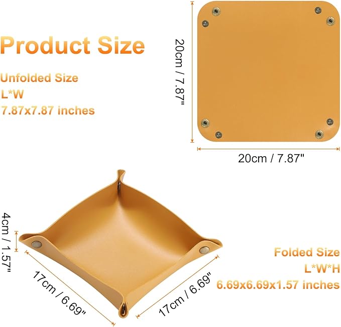 HARFINGTON 2pcs PU Leather Valet Tray Unisex Folding Small Catchall Tray Portable Entryway Table Tray Nightstand Bedside Desk Tray for Key Wallet Watch Coin Jewelry Dice, Yellow