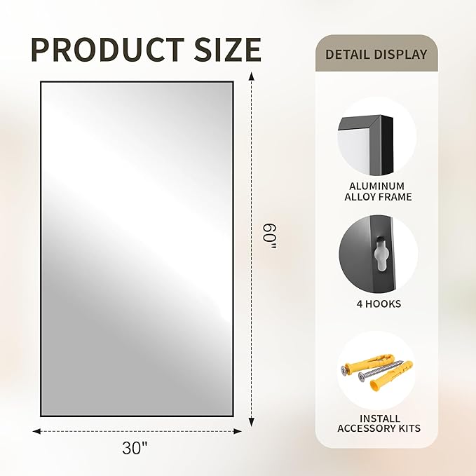 FICTOR Bathroom Vanity Mirror-Black,60x30 Inch, Shatterproof & Anti-Rust, Wall Mount Large Rectangle Mirrors with Metal Frame for Over Sink, Bathroom, Bedroom, Living Room,Entryway