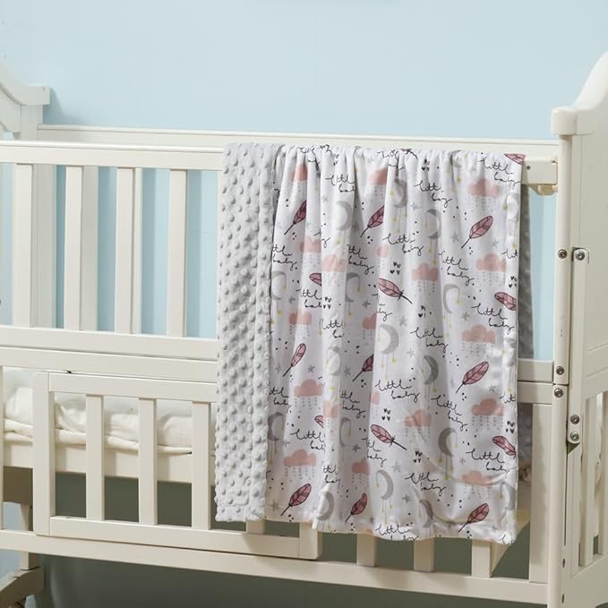 CREVENT 2Pcs 30''X40'' Cute Cozy Fluffy Warm Baby Blankets for Infants Toddlers' Bedding Crib Cot Stroller - Grey Cloud + Minky Feather