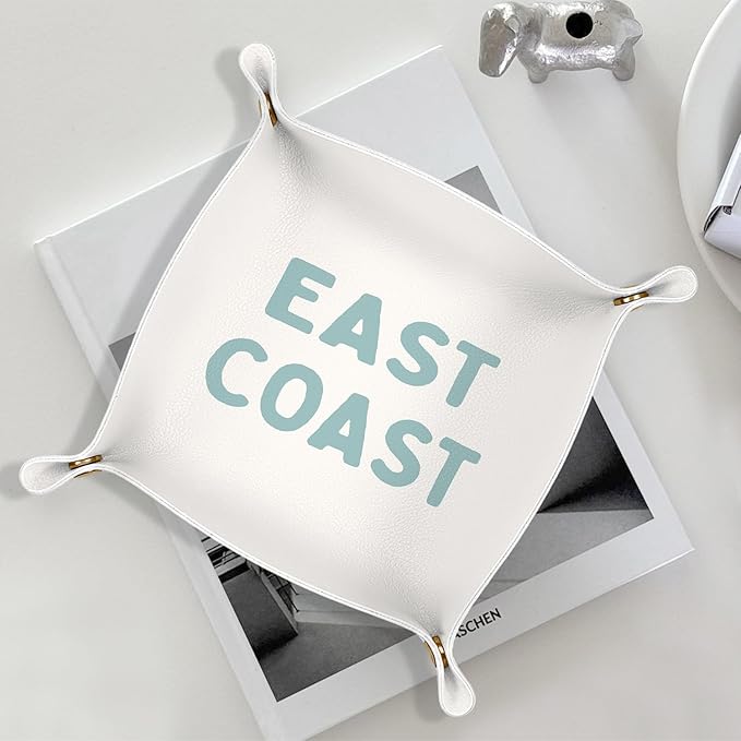 Coastal East Coast Jewelry Valet Tray for Women, Beach Lovers Gifts PU Leather Catchall Beside Caddy Nightstand Organizer Tray for Jewelry Rings Watches and Accessories, 7.87x7.87in