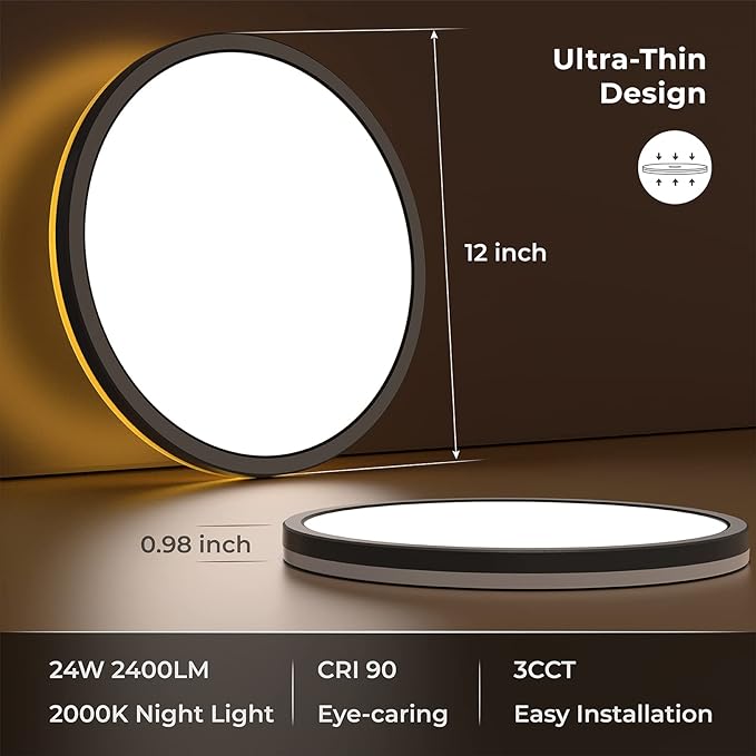 Matane 2Pack LED Flush Mount Ceiling Light Fixture with Night Light, 12inch 24W 2400LM 3000K/4000K/5000K Selectable, Dimmable LED Ceiling Lights for Bedroom, Dining Room, Kitchen, Round Black