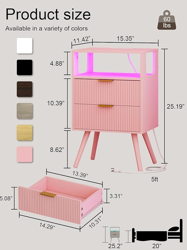 Nightstand, Modern Bedside Table with 2 Storage Drawer and Open Wood Shelf for Bedroom and Small Spaces, Night Stand with Solid Wood Legs (Pink-Outlet)