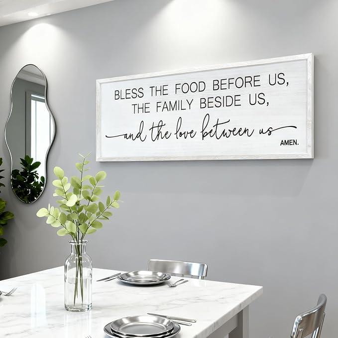 Bless the Food Before Us, the Family Beside Us, and the Love between us Framed Wall Art for Dining Room, 40''×15'' Positive Holy Religious Rustic Bible Verse for Christian God Jesus Christ Prayer