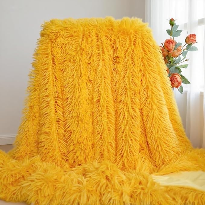 Ultra-Soft Plush Blanket - Cozy Furry Throw for Bed, Sofa, or Couch - Warm & Fuzzy Quilt in Yellow (51x63 Inches) - Perfect for Snuggling