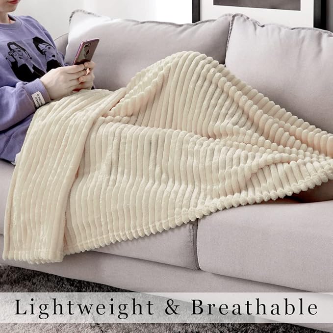 MIULEE Fleece Throw Blanket with Stripe Pattern Fuzzy Flannel Beige Blanket for Couch Plush Warm Cozy Bed Blanket Boho Decor for Bed Sofa Chair Twin Size 60"x80"
