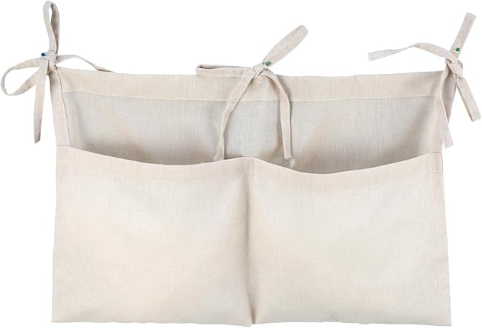 Linen Baby Bedside Hanging Storage Bag, Oatmeal 2 Pockets Milk Bottle Bib-Storage Crib Organizer Nursery Baby Nappy-Bag for Cribs Toys