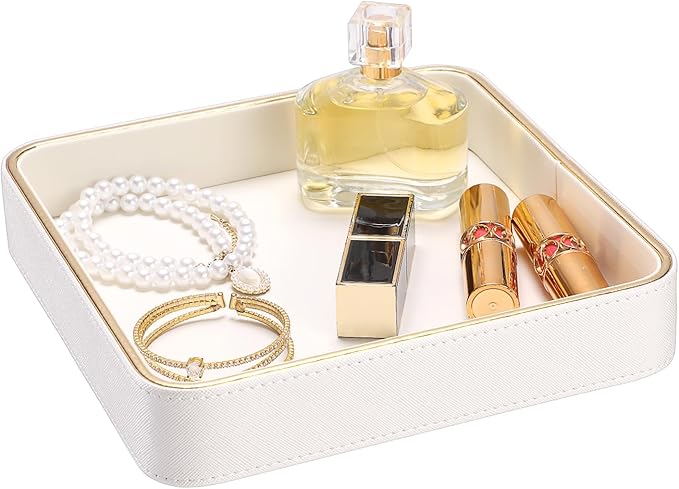 Decorative Key Holder Tray PU Leather Valet Tray Desk Organizer Tray for Wallet Remote Trinket Dish for Vanity Nightstand Beside, 8.2" x 8.2" x 1.5"