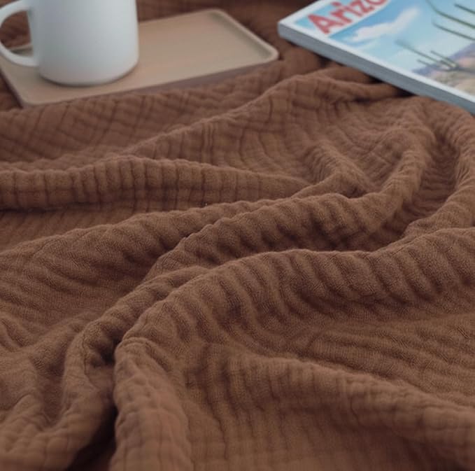 KyraHome Muslin Blankets for Adults Kids, 60"x80" Large 100% Cotton Throw Blanket Plant Dyed Lightweight Breathable Gauze Blanket for Couch, All Season (Brown)