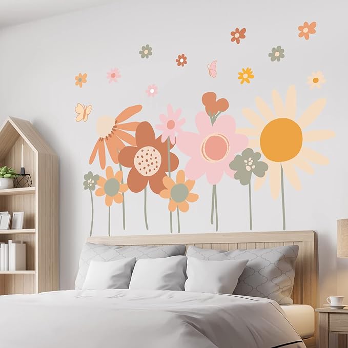Supzone Colorful Flower Wall Stickers - Boho Retro Vintage Floral Art Decals for Bedroom, Living Room, TV, Office - Large Home Decoration
