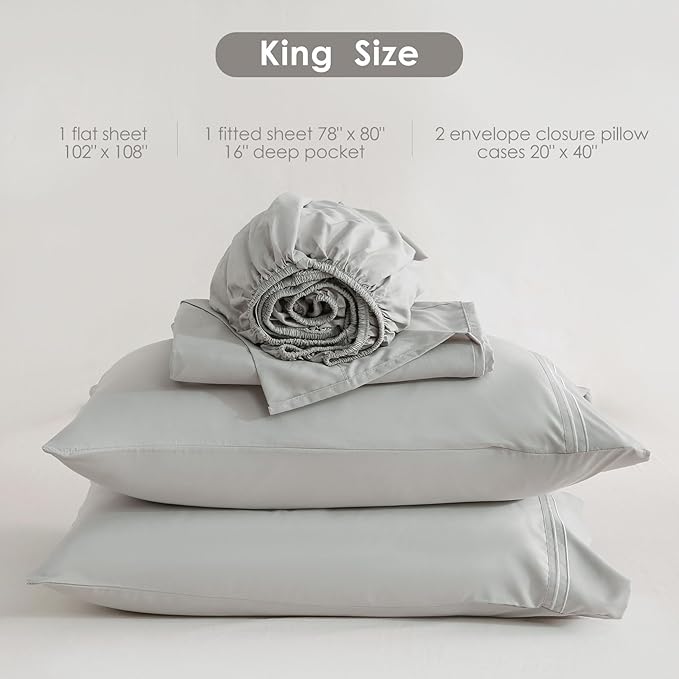 JSD Light Grey King Sheet Set with Side Pocket Corner Straps, 4 Piece Soft Microfiber Bed Sheets Extra Deep Pocket