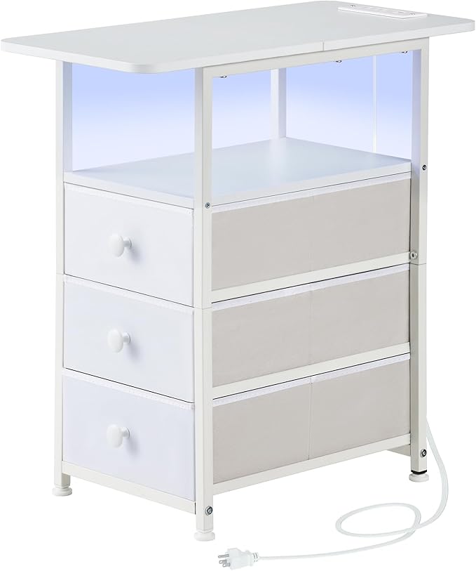 Narrow End Table with Charging Station, Narrow Side Table with 3 Fabric Drawers, Slim Nightstand with LED Light, Small Table with Storage, Living Room, Bedroom, White HKET1303WT
