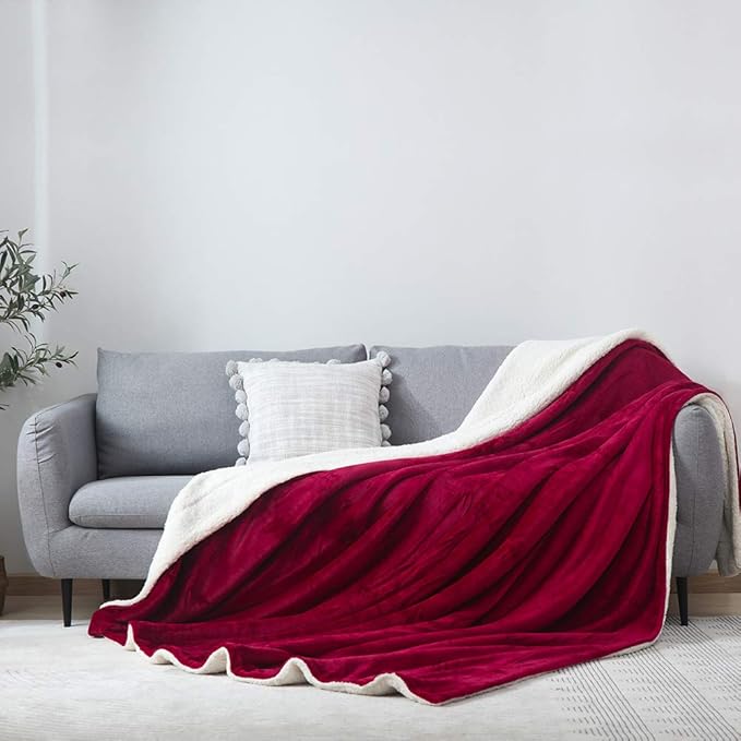 NANPIPER Bed Blanket Reversible Sherpa Flannel Blanket Super Soft Fuzzy Plush Fleece Microfiber (90"x90" Wine Red) Queen