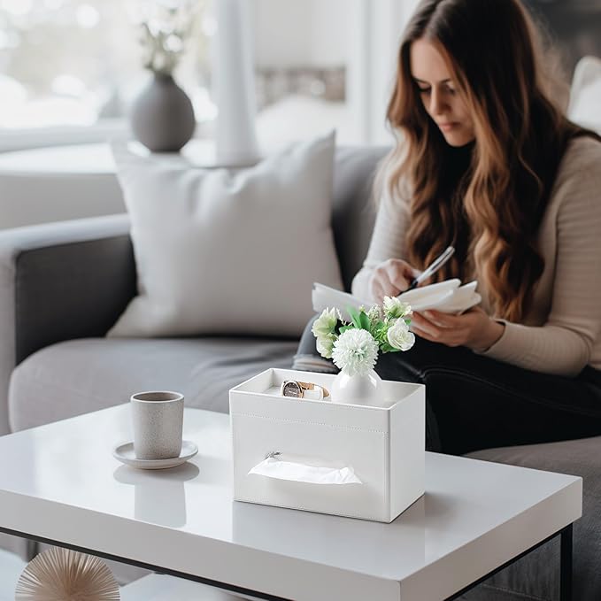 Plus Size Tissue Box Cover Rectangle, PU Leather Tissue Box Holder with Storage Tray, Decorative Organizer Tissue Holder for Bathroom, Bedroom Dresser, Night Stand, Office (Cream-White)