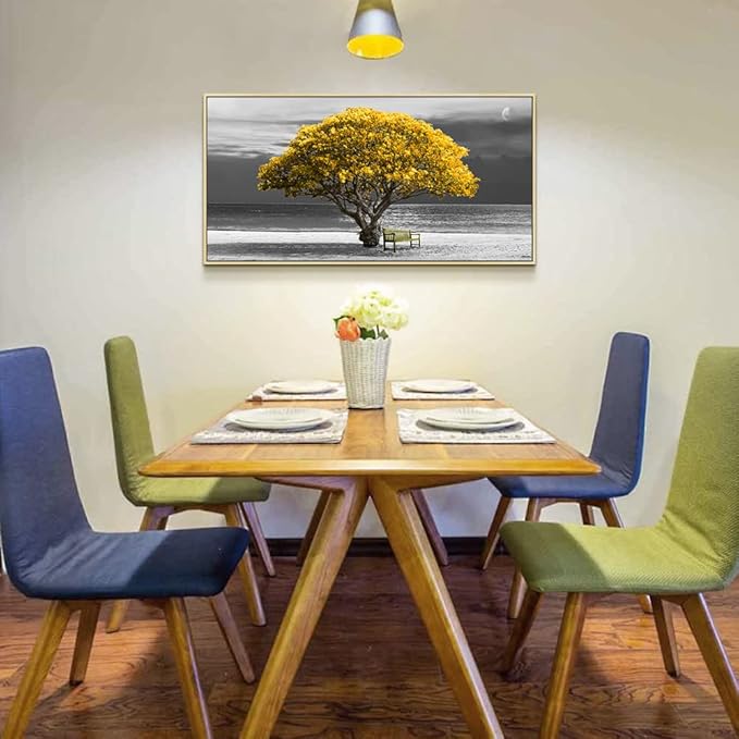 Framed Canvas Wall Art For Living Room & Bedroom - Large Size Black And White Scenery - Boho Home Decor - Yellow Trees - Natural Wood Frames