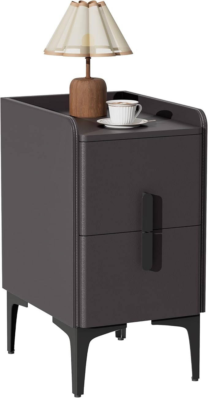 VICITON Narrow Nightstand with 2 Drawers, Narrow Side Table Leather Surface, Slim Bedside Table for Bedrooms, Study, Living Rooms, Small Space (Dark Gray, 15.7" D x 11.8" W x 22.4" H)