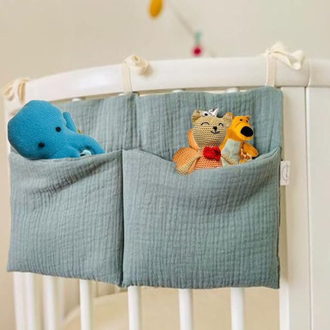 Linen Baby Bedside Hanging Storage Bag, 2 Pockets Organizer for Baby Cribs Diapers, Toys, Clothing, Milk Bottle