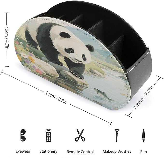 Panda Playful Fish Remote Control Holder Organizer Box with 5 Compartment PU Leather Bedside Storage Caddy Remote Organizer for Controller Media Player Pen/Pencil Storage