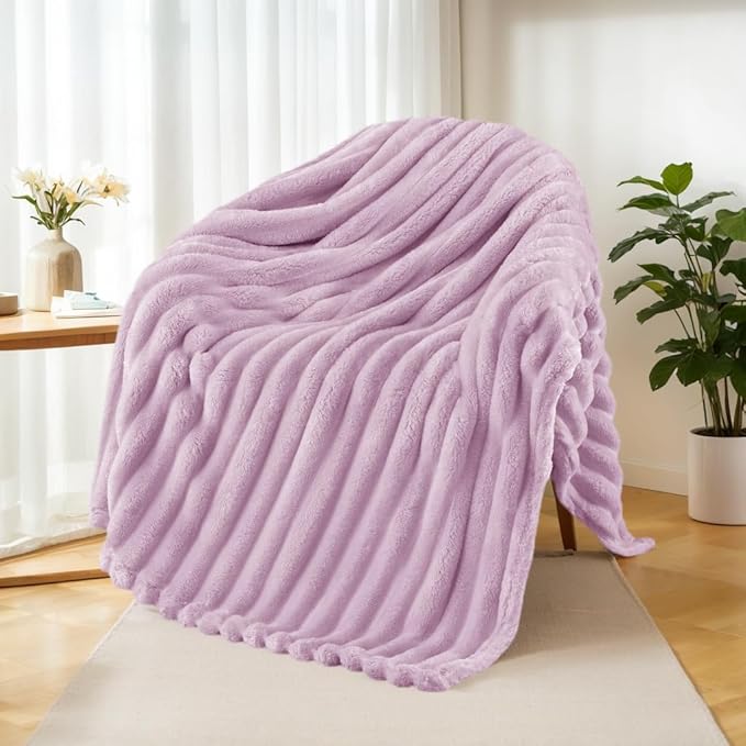 Exclusivo Mezcla Fleece Throw Blanket for Couch, Super Soft Striped Jacquard Bed Blanket, Lightweight Fuzzy Cozy for All Seasons, 50x60 Inches, Lilac Purple