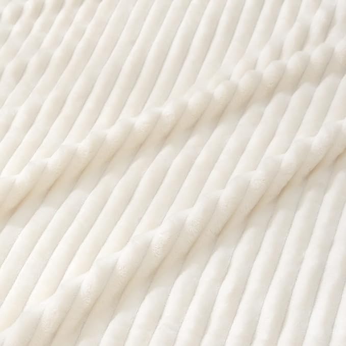 Vessia Flannel Fleece Striped Bed Blanket Twin Size(60x80inch), 300GSM Microfiber Cream Comfy Decor, Soft Warm Cozy Lightweight Ivory Ribbed Blanket for All-Season