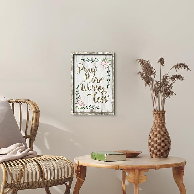 Inspirational Christian Wood Wall Decor: Pray More Worry Less Framed Print Art Rustic Bible Verse Picture Religious Scripture Quotes Artwork for Bedroom Living Room Home Farmhouse