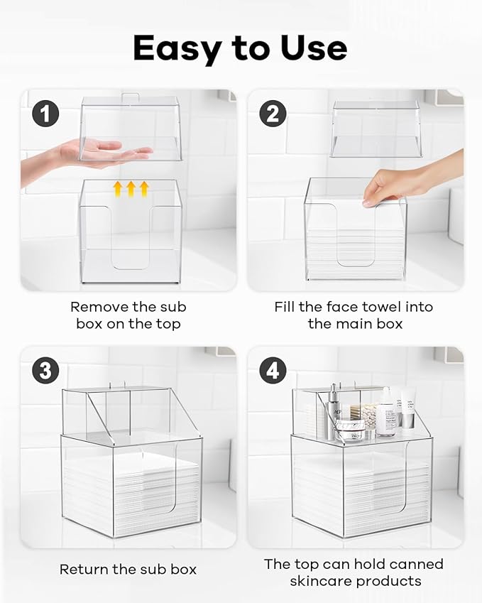 Disposable Facial Towels Storage Box Compatible with Clean Skin Club Clean Towel XL-Cotton Pads-Swabs Upgraded Double Layer Face Towel Holder Acrylic Storage Container Valentine's Day Gifts