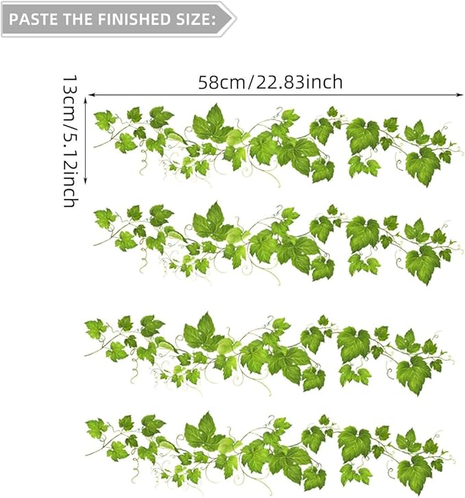 4 Pack Green Leafy Vine Wall Decals, Green Plants Leaves Wall Stickers for Kitchen Bedroom Living Room Bathroom Wall Decor