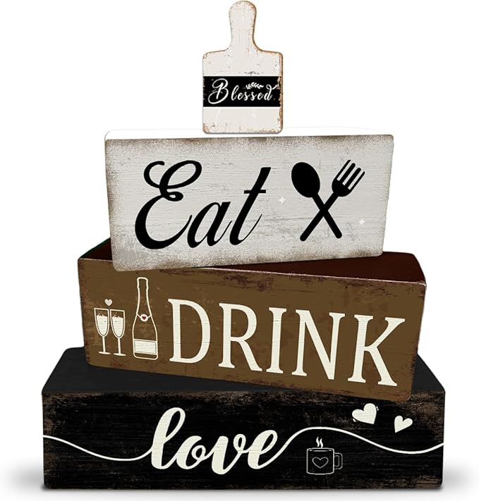 4 Pcs Farmhouse Kitchen Table Decoration Wooden Tiered Tray Decor Rustic Plate Tableware Centerpiece Block Sign for Kitchen Dinging Room Shelf Desk Decoration