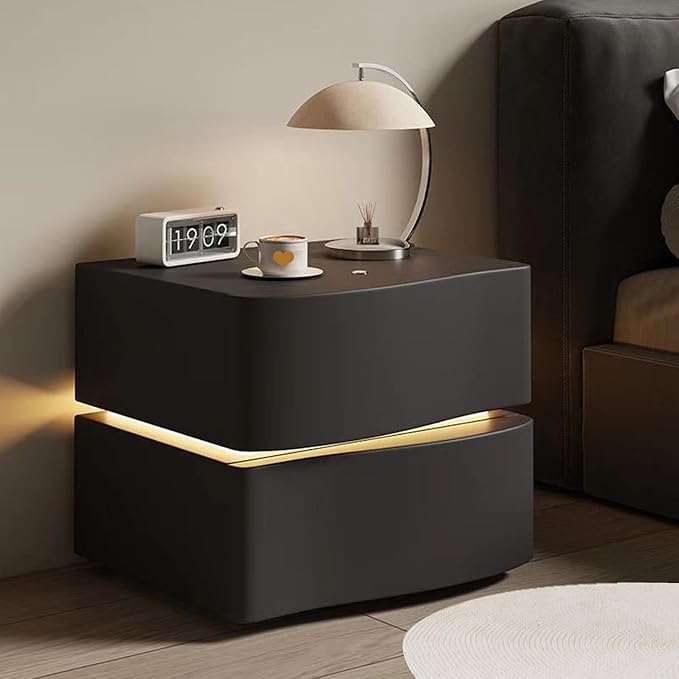 Modern Nightstand with LED Light, Leather Night Stand with Drawer, Solid Wood Bedside Table (2 Drawers, Black)