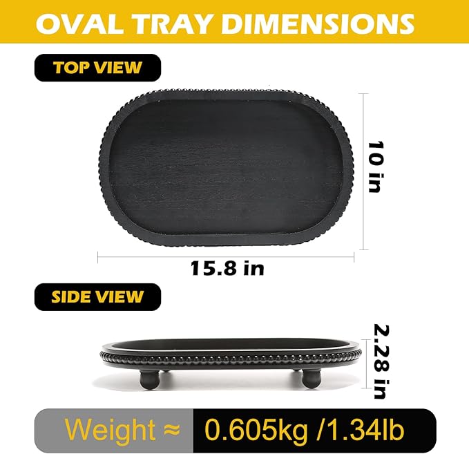 SYNCVIBE Wooden Decorative Tray for Home Decor, Beaded Black Oval Tray Decor for Coffee Table, Rustic Wood Serving Trays Farmhouse Centerpieces for Living Room Kitchen Counter (Black Oval)