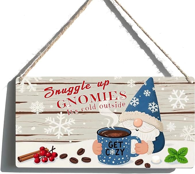 Winter Gnomes Christmas Decor for Front Door Porch Sign - Snuggle Up Gnomies It's Cold Outside Wooden Hanging Sign, Christmas Decorations for Home, Farmhouse, Coffee Bar Decor 6x12 Inch