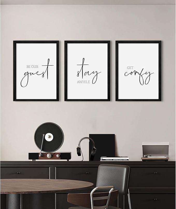 Be Our Guest Wall Decor Guest Room Wall Art Decor Stay Awhile Signs for Home Decor Minimalist Wall Art Over The Bed Sign Guest Bedroom Wall Decor Canvas Painting 12x16 Inch Wood Framed Set of 3
