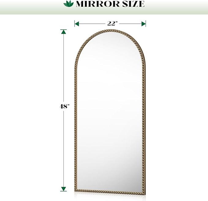 Arched Gold Antique Mirror with Beaded, 22"x48" Gold Arch Bathroom Vanity Mirror, Retro Brass Metal Frame Decorative Mirror for Bedroom Dressing Room Entryway Fireplace