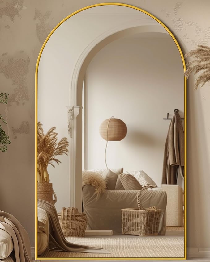 Antok 76" x44” Arched Full Length Floor Mirror, Gold Aluminum Frame, Free Standing/Wall Mount/Leaning for Bedroom, Living Room, Dressing Room