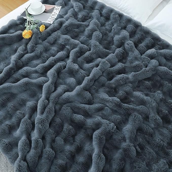 Faux Fur Throw Blanket for Couch Cozy Fuzzy Soft Plush Thick Fluffy Fleece Bubble Blanket for Sofa Bedroom Living Room, 63x79 Inches Dark Grey