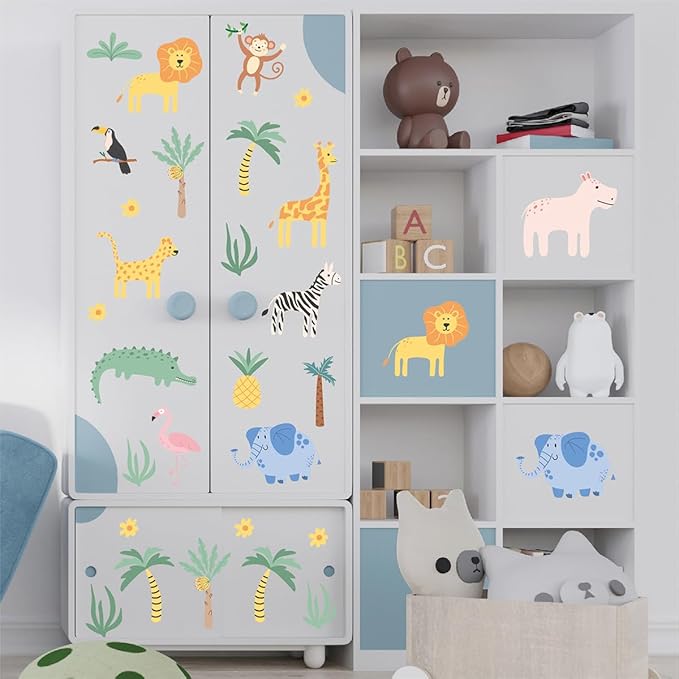 Animals Wall Decals - 4 Sheeets 26 Pcs Cute Jungle Theme Wall Decor Peel and Stick Elephant Giraffe Lion Safari Wall Stickers for Kids Nursery Playroom Bedroom Living Room Décor