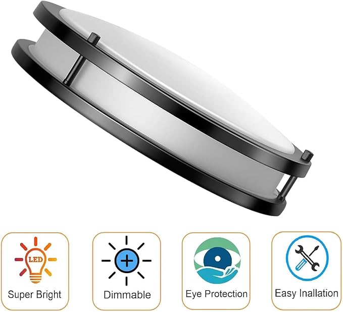 Drosbey 50W Dimmable LED Ceiling Light Fixture, Kitchen Light Fixtures, 13.2 inch Flush Mount Ceiling Lights for Bedroom, Bathroom, 2700K/3000K/3500K/4000K/5000K Selectable, Super Bright 5000LM, Black