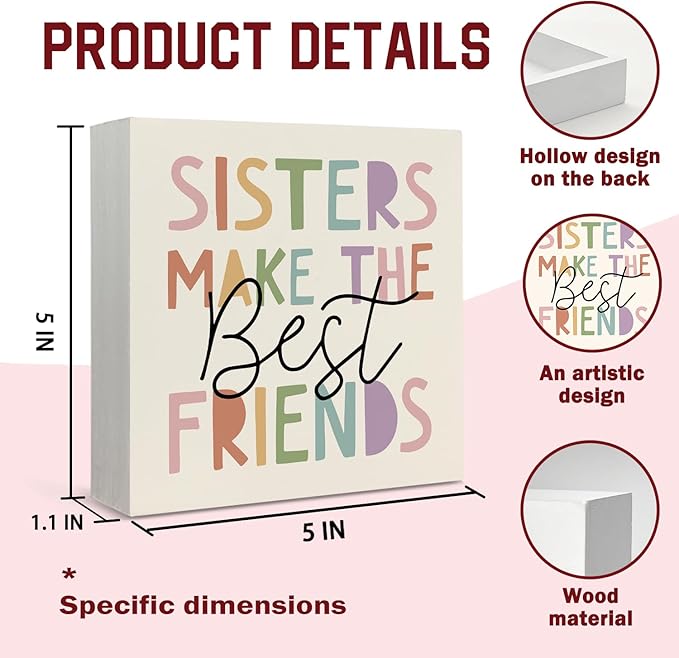Lacama Boho Girl Nursery Wooden Box Sign, Sisters Make the Best Friends Decorations Wood Block Signs, Boho Nursery Wood Sign for Toddler Girls Room Bedroom Desk Shelf Wall Decor 5x5 Inches