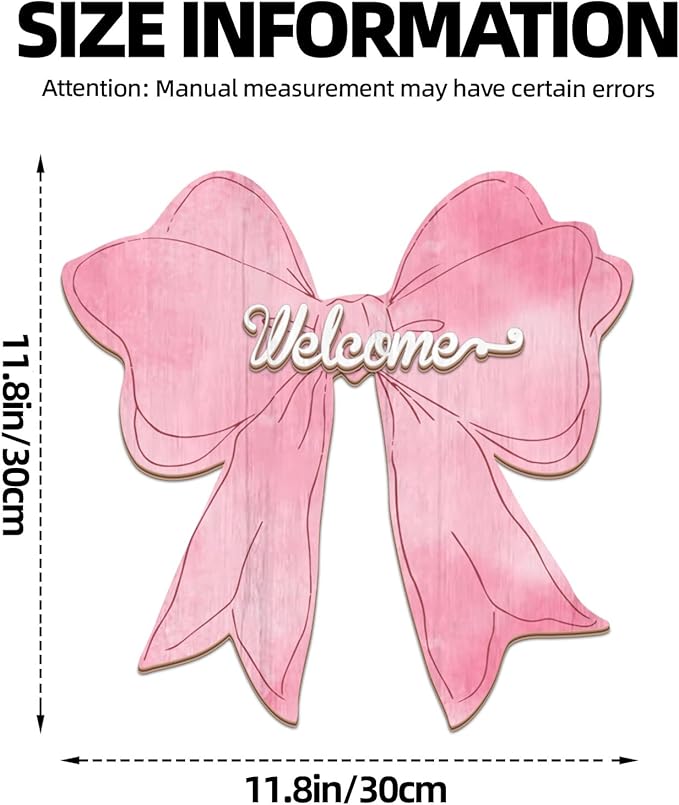 Pink Bow Decor Hanging Sign Cute Coquette Bow Decoration Double-sided Wooden Bowknot Welcome Door Sign for Preppy Room Wall Home Bedroom Fall Halloween Indoor Outdoor Porch