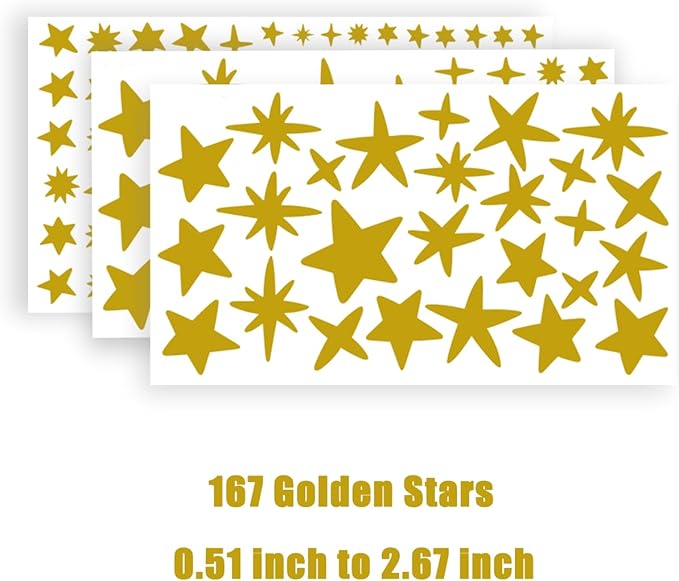 Golden Stars Stickers, 167 Pack Celestial Decals for Christmas & Holiday Decor, Sparkles Wall Art for Party & Birthday Decor, Vinyl Decals for Kids