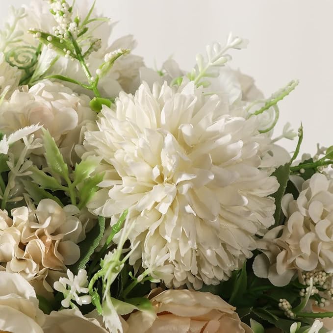 Peonies Artificial Flowers in Vase, Fake Hydrangea Silk Peony Flower Bouquet with Vase Faux Flowers Arrangement Decor Home Table Dining Room (White)