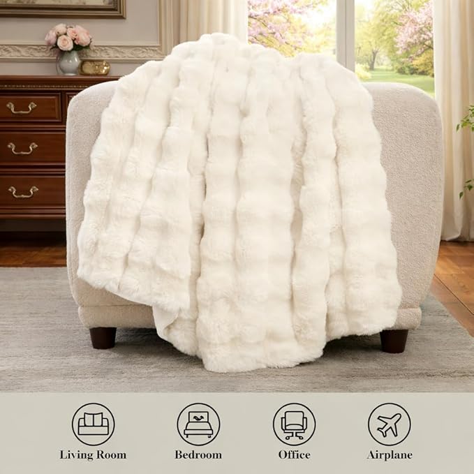 Amélie Home Faux Fur Throw Blanket for Bed, Ultra Soft Fuzzy Plush Bubble Blanket for Bedroom & Bed Decor, 108"x90", Cream White