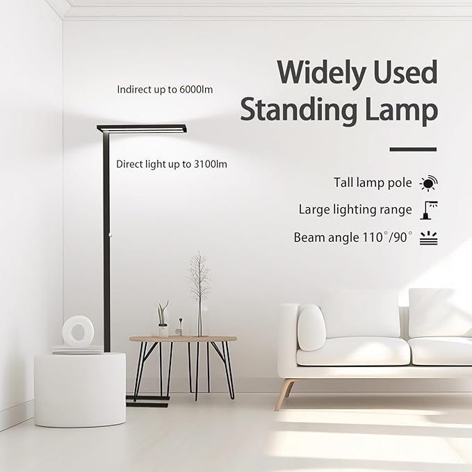 STERREN Eye-Care Led Floor Lamp,76" Tall Office Floor Lamp, 120W Black Modern Free-Standing Lamp, 9100LM Bright Reading Lamp for Study Room,Living Room,Meeting Room,4000K
