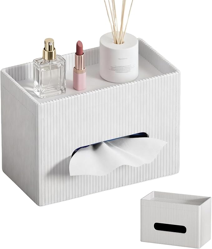 Rectangular Tissue Box Holder with Storage Tray - Large PU Leather Tissue Box Cover, White, Suitable for Bathroom, Nightstand, Office