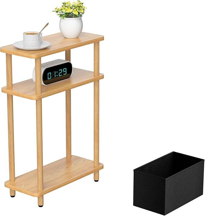 Narrow Side Table with Fabric Basket, 7" Wide, 3 Tier Skinny End Table with Wood Legs, Slim Nightstand/Bedside Table for Small Spaces, with Adjustable Feet, 15.7" L x 23" H