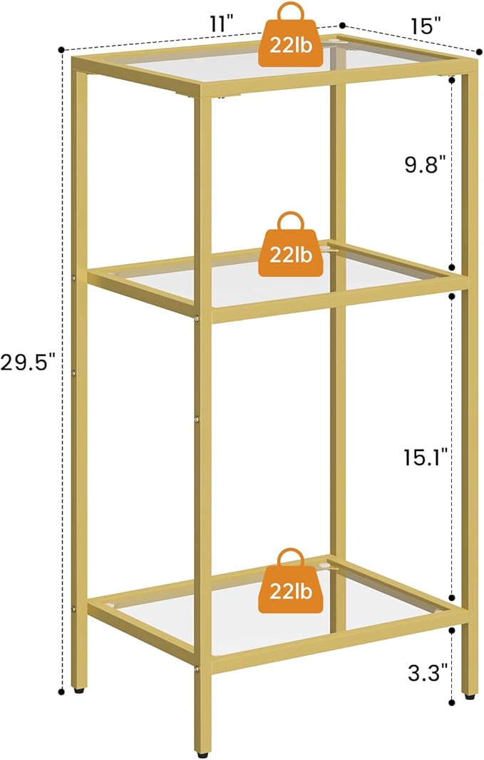 Side Table with Tempered Glass, End Table with Storage Shelves, 3-Tier Small Nightstand,Tall Table Stand for Home Decor, Living Room, Bedroom, Office, Gold