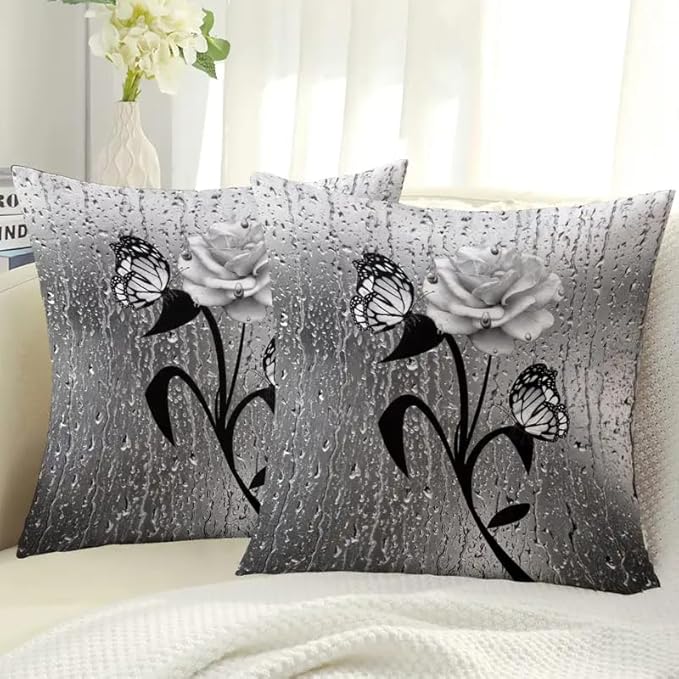 2pcs Elegant Decorative Throw Pillow Cover with Butterfly and Rose Design, Black and White Raindrop Pattern, Square Shape，18x18 Pillows Linen Pillowcase