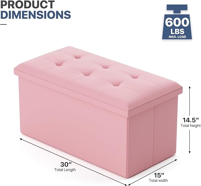 MoNiBloom 30 Inch Storage Ottoman Bench, 24 Gal. Folding Ottoman Footrest, End of Bed Bench, Rectangle Foot Stool, Supports 600 lbs, for Bedroom, Living Room, Entryway, Hallway, Light Pink