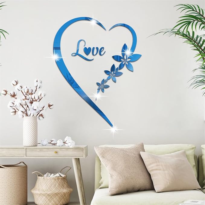 Heart Shape Mirror Wall Sticker, Self-Adhesive Love Heart Acrylic Mirror Wall Stickers Art Mural, DIY Walls Art Home Decor Heart Mirror Wall Decals for Living Room Bedroom Bathroom Office (Blue)