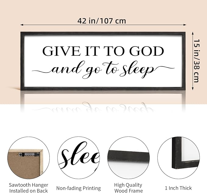 Give It to God and Go to Sleep Sign 42''×15'' Large Above Bed Wall Decor Farmhouse Bedroom Decor Wood Framed Guest Room Decor Wall Art Rustic Master Bedroom Wall Decoration (Black)